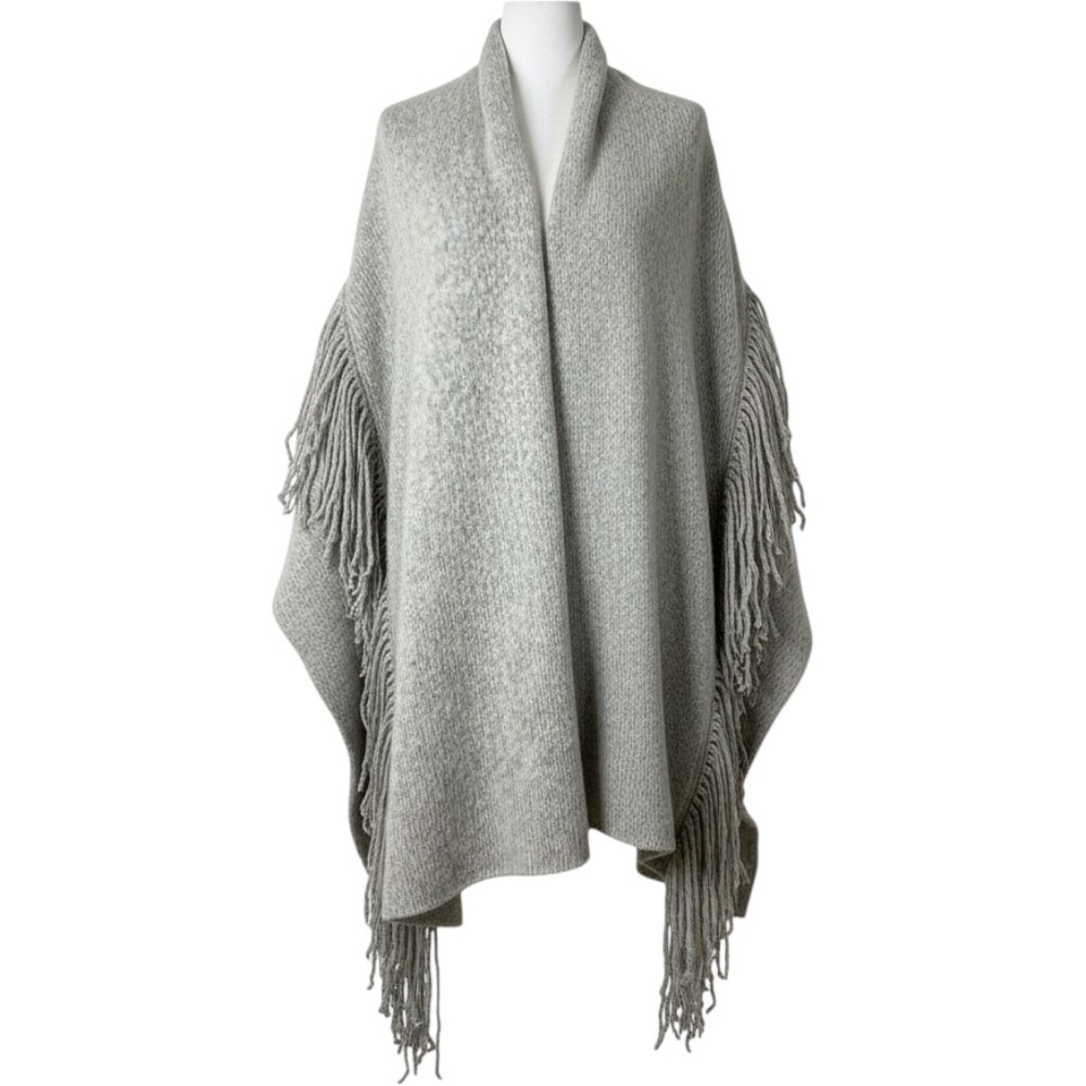 Brochu Walker Wool Cashmere Fringe Knit Shawl Wrap Grey Marl One Size